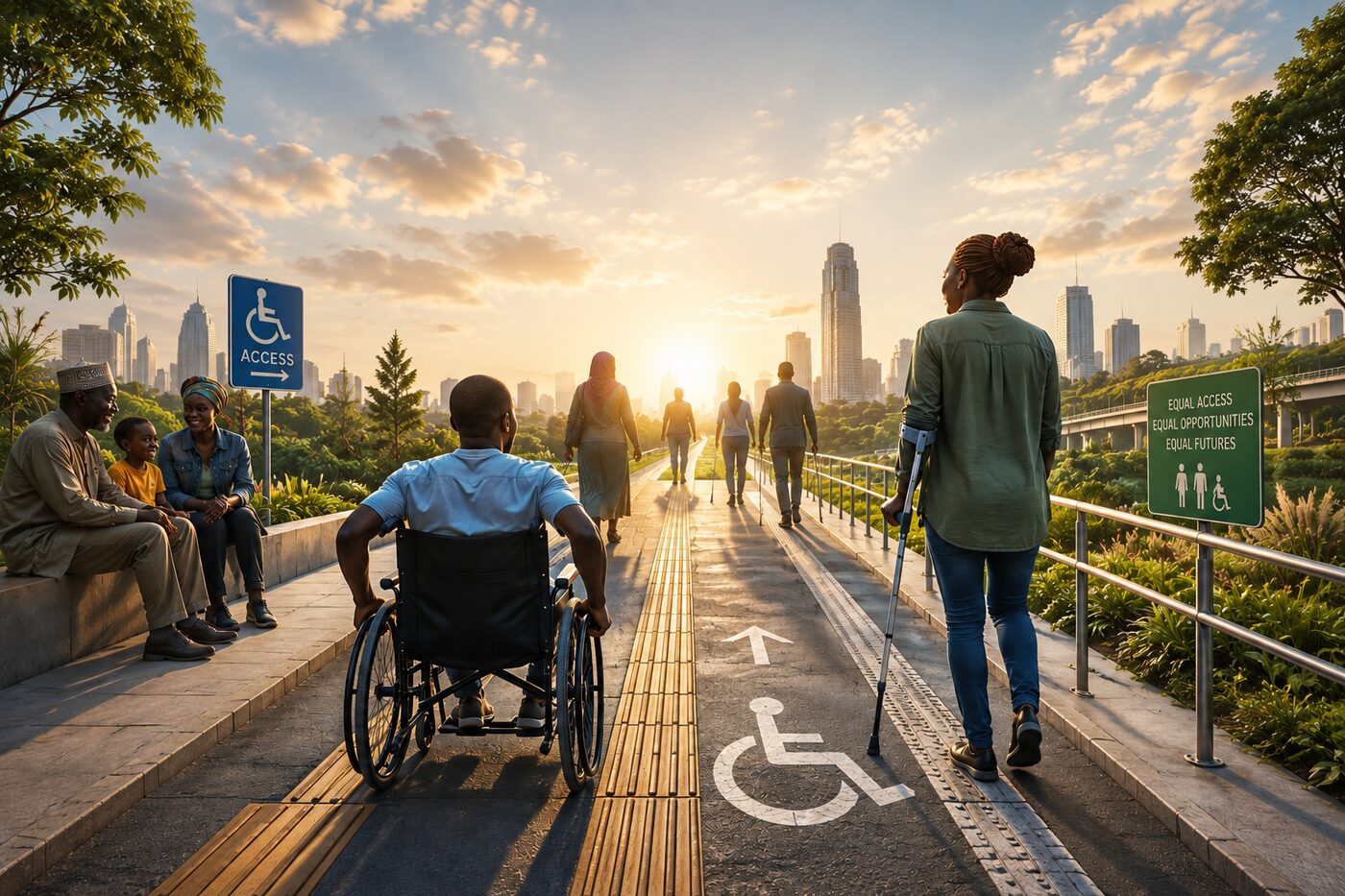 People with disabilities and community members using accessible pathways together