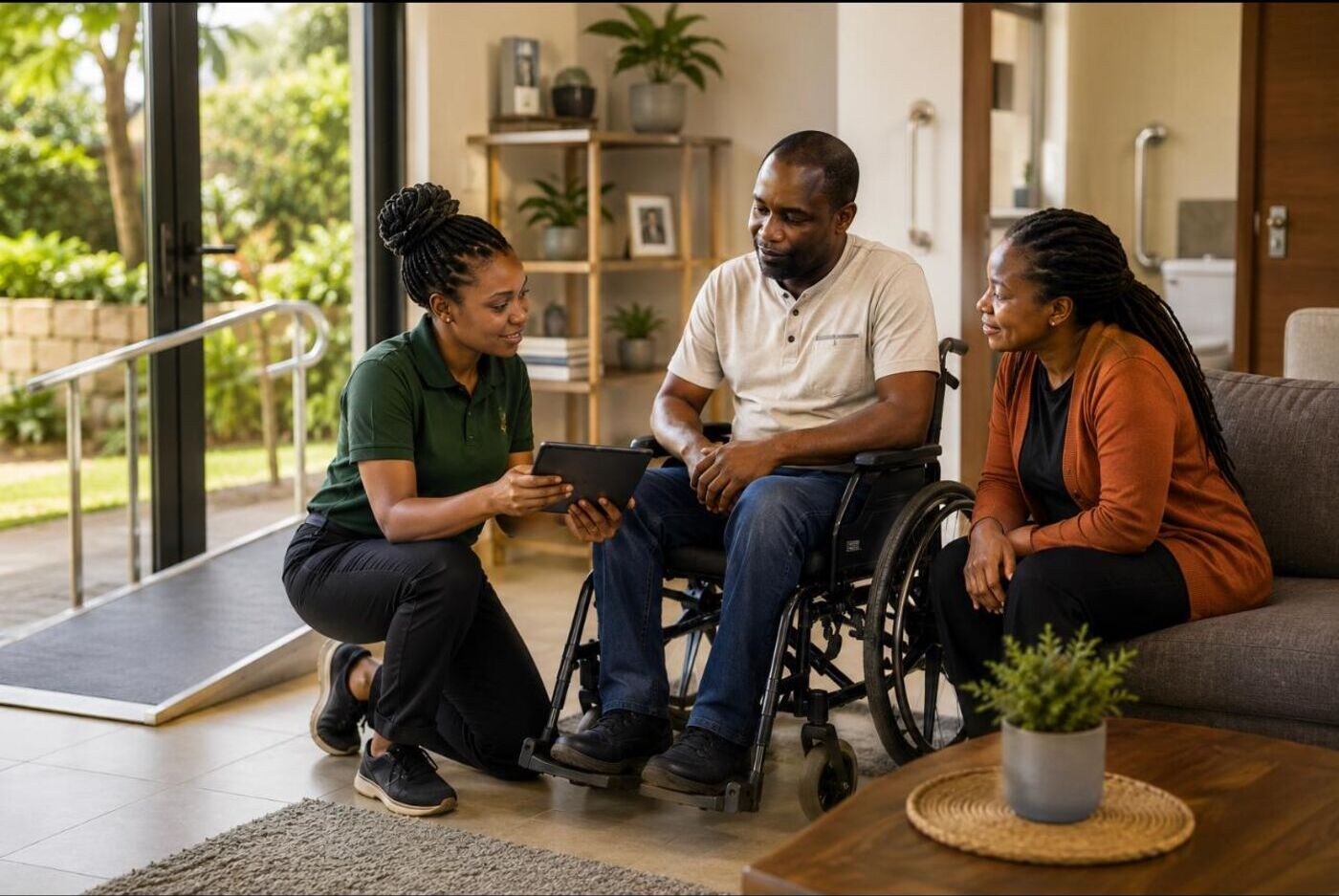 Support worker visiting a family at home with a man in a wheelchair