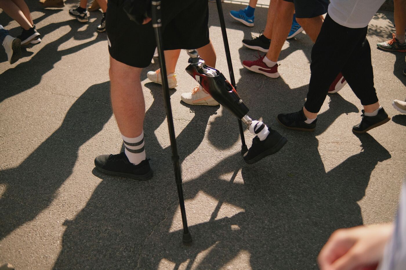 Close-up of a prosthetic leg while walking
